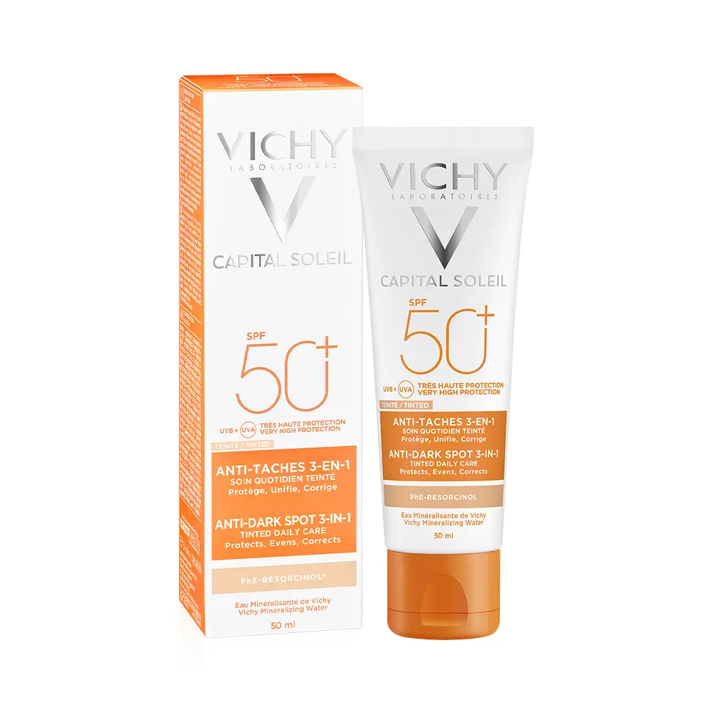 P1250973.webp Protector Solar Facial Vichy Capital Soleil Antimanchas 3 en 1 SPF50+ con Color 50ml - Imagen 1