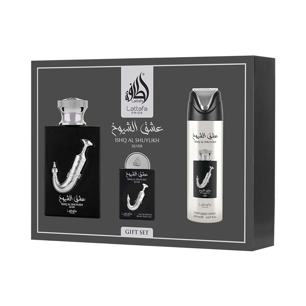P8988485 Kit Lattafa Pride Ishq Al Shuyukh Silver EDP 100ml + Deo 200ml + 20ml - Imagen 1